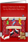 Birthday on Christmas Eve to Twin Sister, animals with Santa Claus card