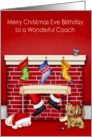 Birthday on Christmas Eve to Coach, animals with Santa Claus on red card
