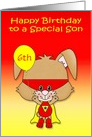 Birthday to Son, custom age, super bunny with a mask and balloon card