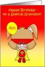 Birthday to Grandson, custom age, super bunny with a mask and balloon card