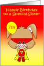 Birthday to Sister, custom age, super bunny with a mask and balloon card