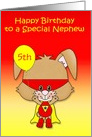 Birthday to Nephew, custom age, super bunny with a mask and balloon card