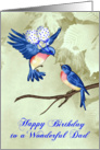 Birthday to Dad, two beautiful blue birds with polka dot balloons card