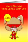 Birthday to Birth Son, custom age, super bunny with a mask, balloon card