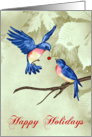Happy Holidays, general, two beautiful blue birds with red ornament card