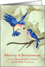 Christmas to Aunt and Fiance, two beautiful blue birds, red ornament card