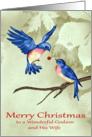 Christmas to Godson and Wife, two beautiful blue birds, red ornament card