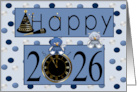 New Year’s 2026 Card with Adorable Owls on Blue Polka Dots card
