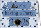 Invitation to New Year’s Party 2026 with Owls on a Blue Polka Dots card