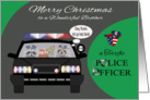 Christmas to Brother, adorable raccoons in a police car, Santa bag card