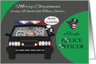 Christmas to Twin Sister police officer, adorable raccoons in car card