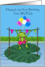 Leap Year Birthday from All Of Us, frog leaping over wooden bar card