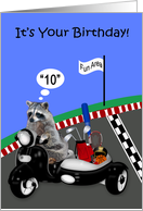10th Birthday, humor, adorable raccoon driving a scooter, side car card