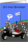 7th Birthday, humor, adorable raccoon driving a scooter, side car card