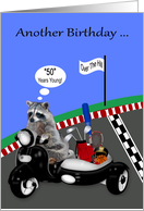 50th Birthday, over the hill humor, adorable raccoon driving a scoote card