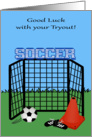 Good Luck, Tryouts, Soccer, general, net with cone, ball, shoes, blue card