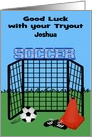 Good Luck, Tryouts, Soccer, custom name, net with cone, ball, blue card