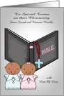 Congratulations, Christening, dark-skinned twins, custom name boy and girl card