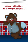 Birthday, bowling theme, humor, an adorable bear holding a ball card