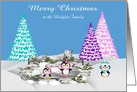 Christmas, for custom name, adorable penguins with trees, ice, snow card