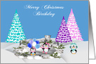 Birthday On Christmas with Adorable Penguins on Ice and Snow card