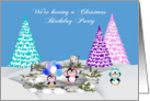 Invitations, Christmas Birthday Party, general, penguins on ice, snow card