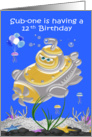 12th Birthday, cute submarine in the ocean with jellyfish, starfish card