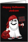 Halloween, custom name, Rapper ghost with a bag of treats and a sign card