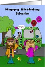 Birthday, custom name, hippie theme, Hippies with raccoon driving van card