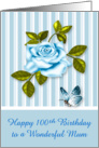 100th Birthday to Mum, a blue and white rose with a butterfly card