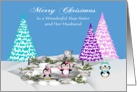 Christmas to Step Sister and Husband, adorable penguins on ice, snow card