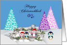 Chrismukkah, interfaith, general, adorable penguins on ice with trees card