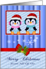 Christmas from All Of Us, adorable penguins holding presents in frame card