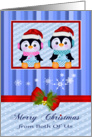 Christmas from Both Of Us, adorable penguins holding presents in frame card