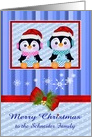 Christmas, for custom name, adorable penguins holding presents card