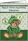 1st Birthday on St. Patrick’s Day Custom Name a Bear Holding Balloon card