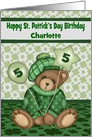 5th Birthday on St. Patrick’s Day, custom name, bear holding balloon card