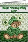 6th Birthday on St. Patrick’s Day, custom name, bear holding balloon card