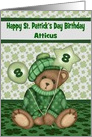 8th Birthday on St. Patrick’s Day, custom name, bear holding balloon card