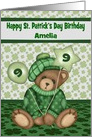 9th Birthday on St. Patrick’s Day, custom name, bear holding balloon card