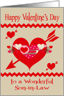 Valentine’s Day to Son-in-Law, red, white and pink hearts, arrows card