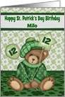 12th Birthday on St. Patrick’s Day, custom name, bear holding balloon card