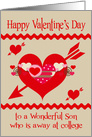Valentine’s Day to Son away at college, red, white, and pink hearts card