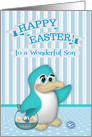 Easter to Son, adorable penguin with a basket full of decorated eggs card
