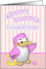 Easter to Daughter, cute penguin with a basket full of decorated eggs card