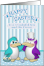 Easter to Son and Fiance with two Cute Penguins and a Basket of Eggs card