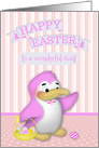 Easter to Aunt, cute penguin with a basket full of decorated eggs card