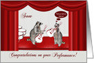 Congratulations on performance to Son, Raccoon rocking with guitars card