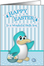 Easter to Birth Son, adorable penguin with basket of decorated eggs card