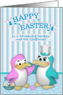 Easter to Brother and Girlfriend, cute penguins with a basket of eggs card